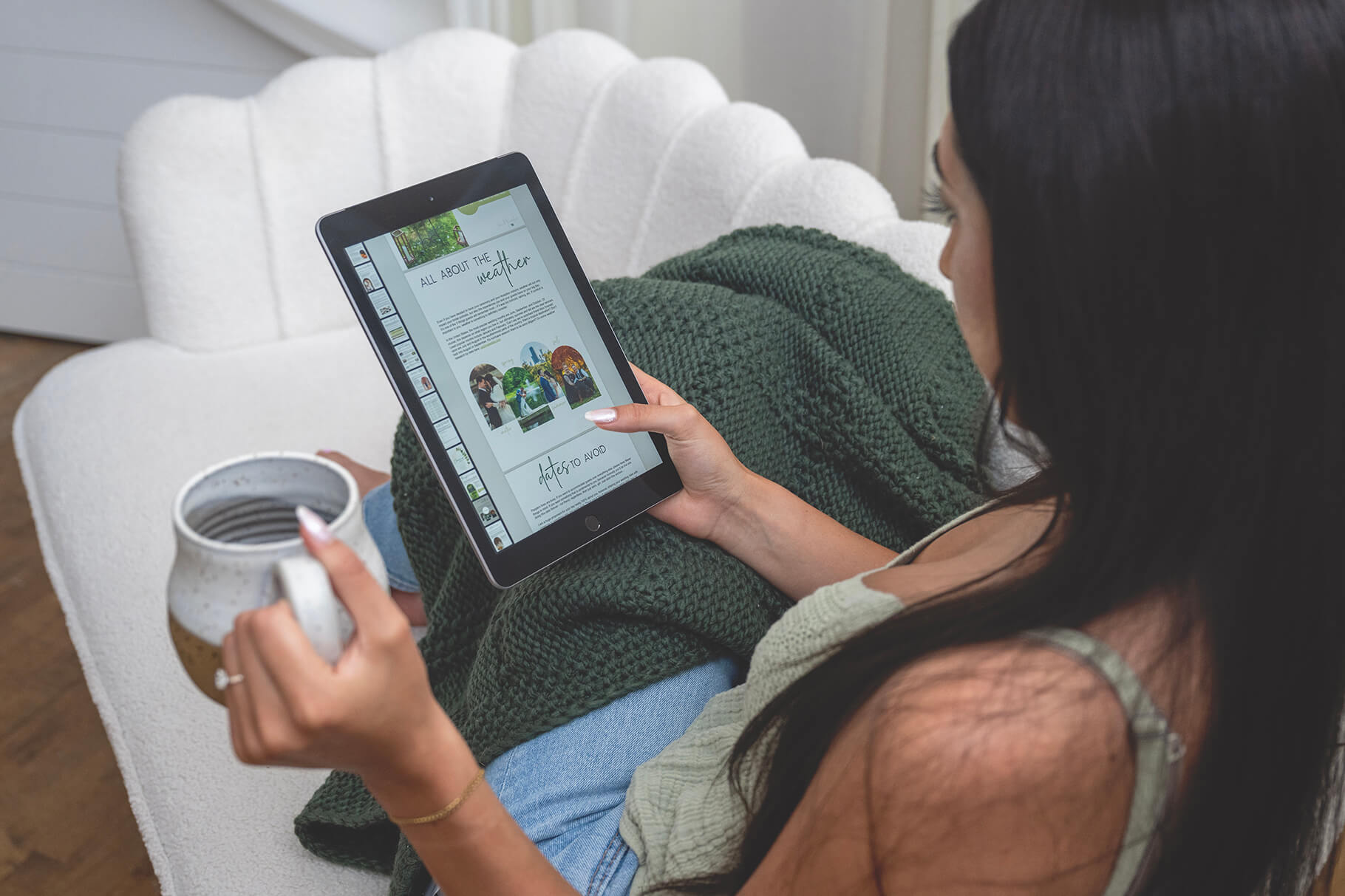 Woman reads an electronic version of a wedding advice guide