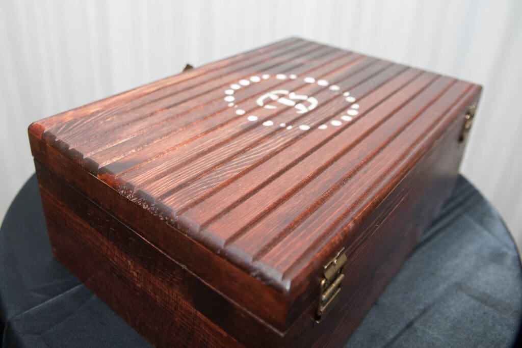 Wooden box used to hold wedding details