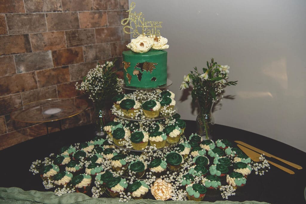 Wedding cake and cupcakes in world theme