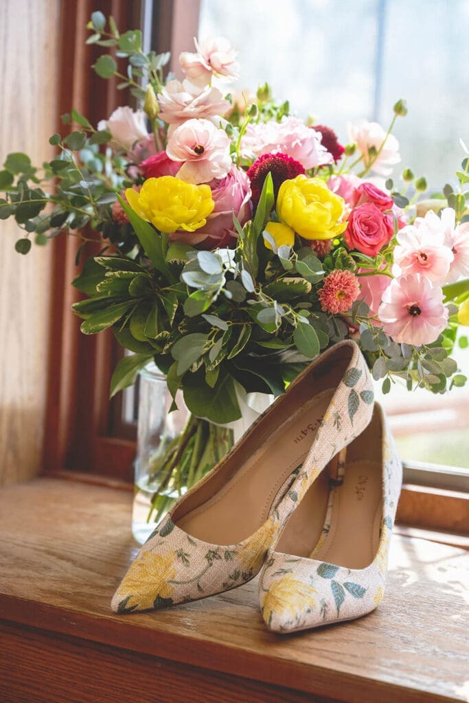 bridal bouquet and shoes