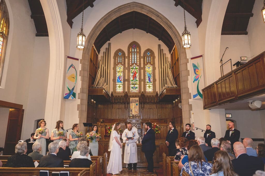 full church view of wedding ceremony