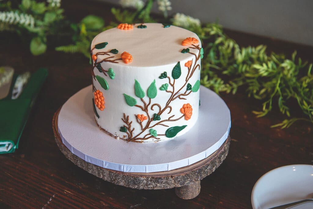 Small wedding cake at a wedding reception.